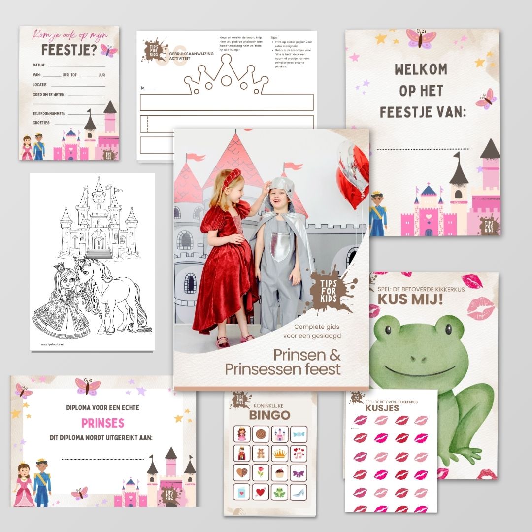 Met ons complete prinsessen- en prinsenfeest pakket organiseer je zelf moeiteloos een origineel kinderfeestje thuis. Van feestelijke uitnodigingen tot leuke spelletjes en activiteiten, alles zit in één handig DIY pakket. Zo geef je zonder stress een magisch en onvergetelijk feest!