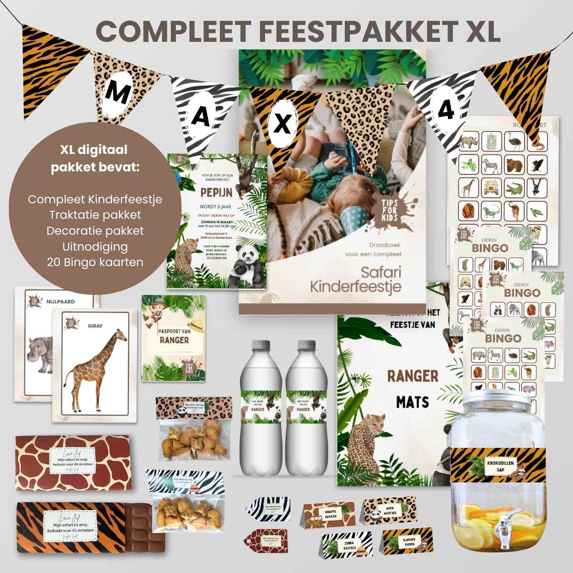 Safari Feestpakket XL : Draaiboek, Uitnodiging, Decoratie, Spelletjes & Traktatie